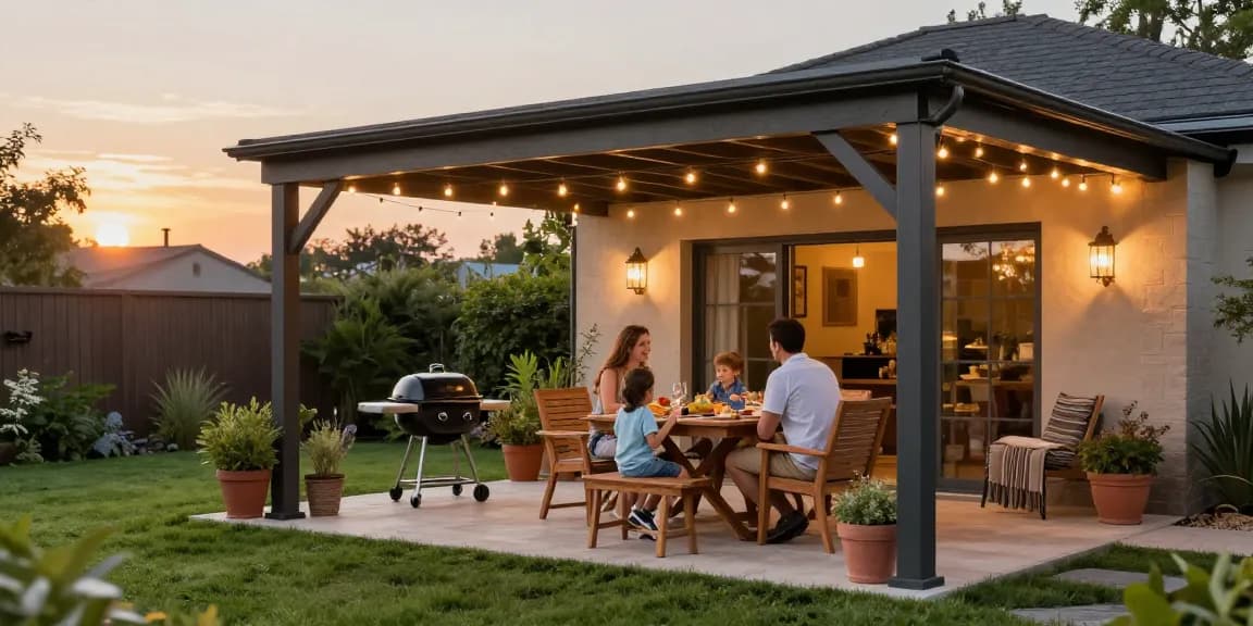 Freistehende Terrassenüberdachung in einem Garten mit Familie beim Essen.