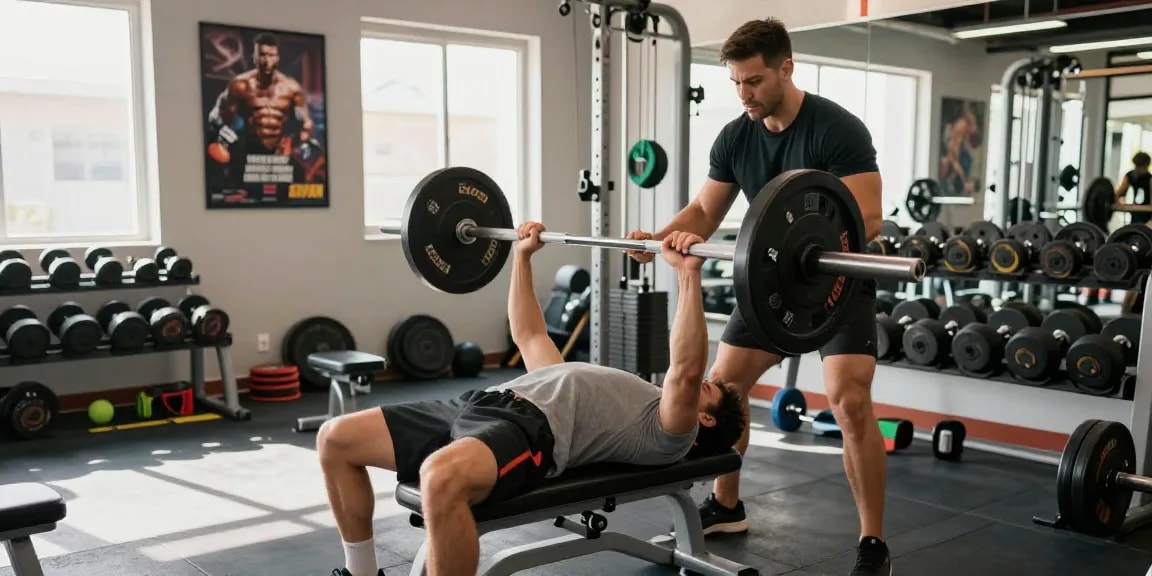 Akra Labs Steroid Shop – Sportler beim Bankdrücken im modernen Fitnessstudio mit hochwertigem Equipment.