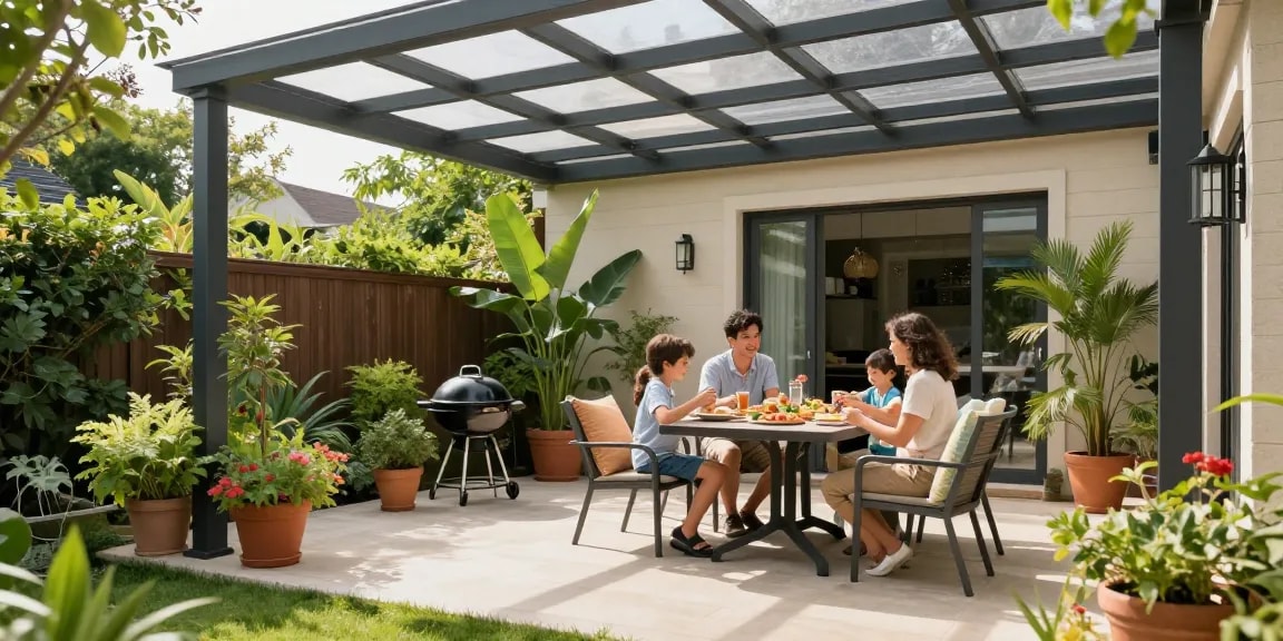 Terrassenüberdachungen im Garten mit Familie beim Essen und Pflanzen
