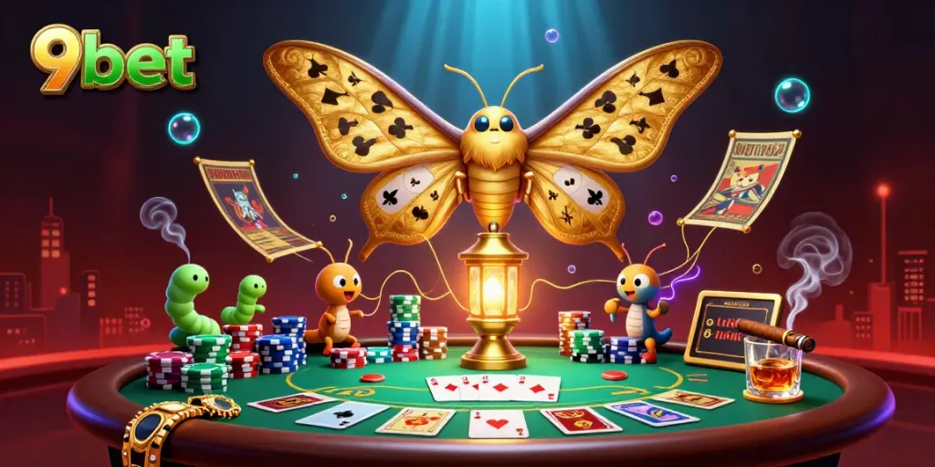 Win big at 9bet with a stunning digital casino illustration showcasing vibrant poker action.