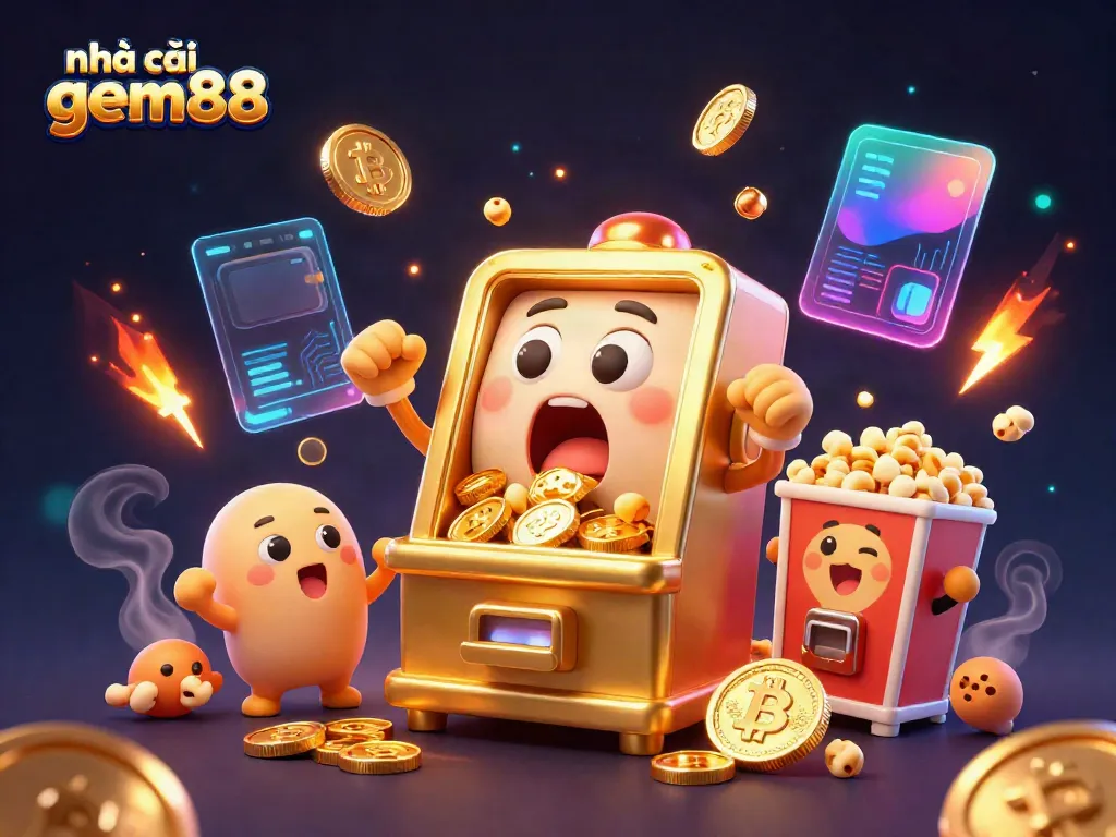 Winning big at nhà cái gem88 as a golden slot machine celebrates its jackpot with coins flying everywhere!