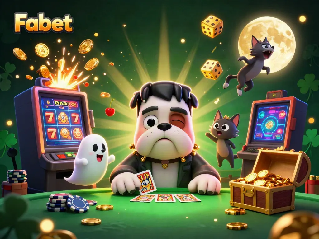 Experience the Fabet excitement with lively characters and dynamic casino elements in this vibrant illustration.