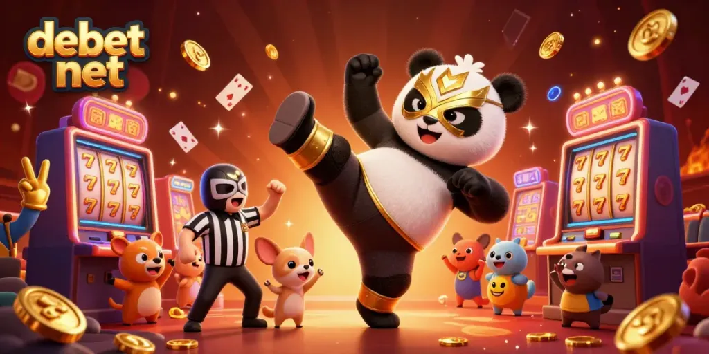 Experience thrilling action at debet net with a panda wrestler amidst vibrant slot game elements and festive casino lights.