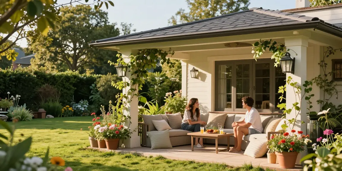 Gemütliche Terrasse mit freistehender Terrassenüberdachung, idealer Ort zum Entspannen im Garten.