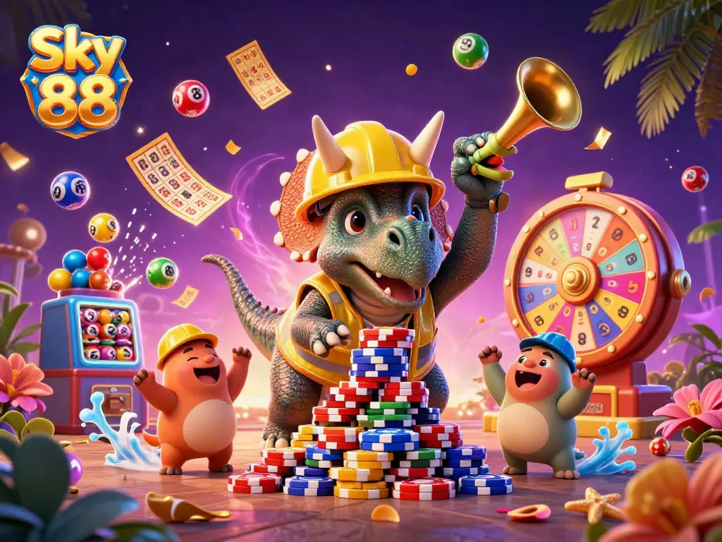 Engage in thrilling gaming adventures with Sky 88 as colorful lottery elements and cheerful characters create a festive atmosphere.