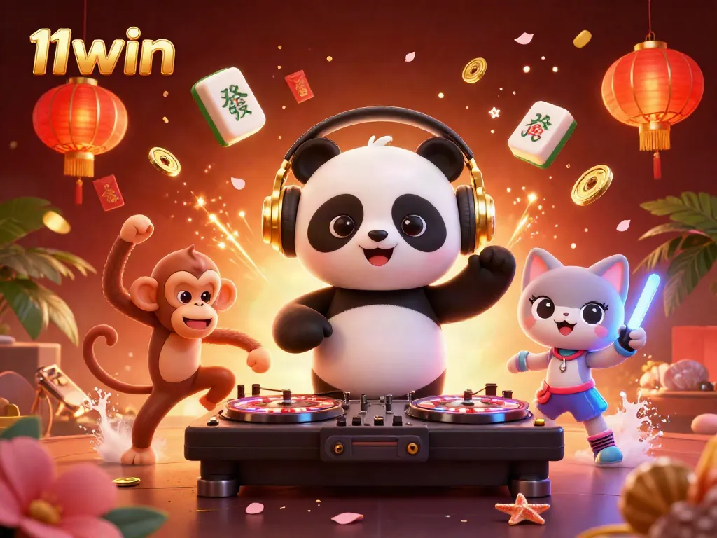 Experience the excitement of 11win with a vibrant 3D scene featuring a DJ panda, breakdancing monkey, and rave kitten.