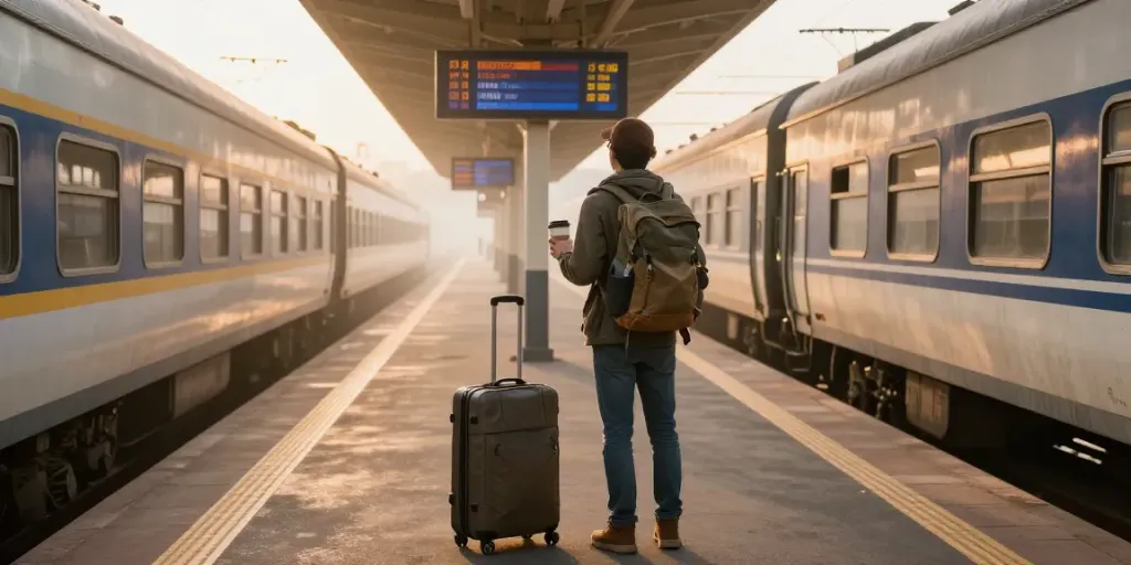 Zugtickets online buchen an einem malerischen Bahnhof mit Reisenden, Koffern und harmonischer Atmosphäre.