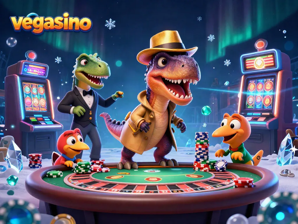 Join the action at vegasino with a dapper velociraptor at a blackjack table surrounded by vibrant casino elements.