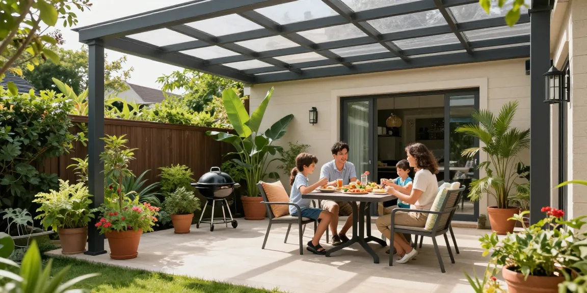 Terrassenüberdachungen im Garten mit Familie beim Essen und Pflanzen