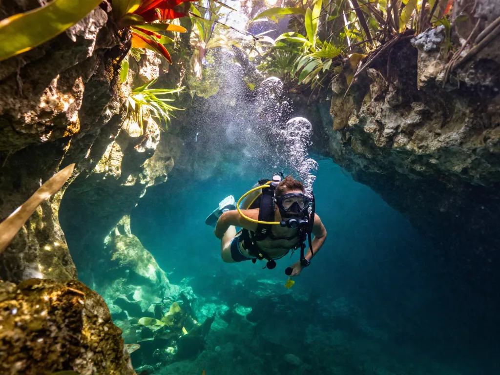 Cenoten Mexiko: Taucher erkundet glasklares Wasser in einer idyllischen Cenote.