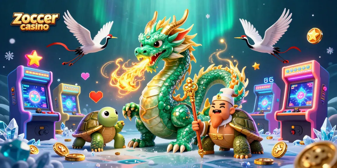 Experience excitement at zoccer casino with a dynamic scene of legendary creatures and gaming elements.
