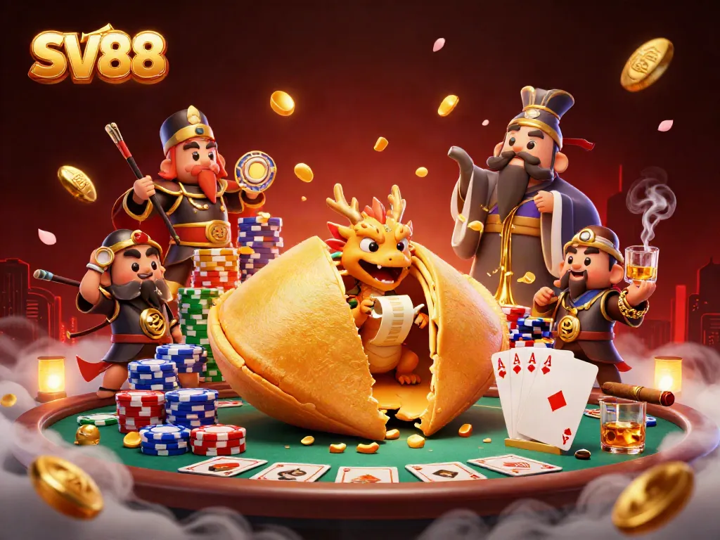 Engage in thrilling SV88 casino action with a giant fortune cookie and wise dragon in a dynamic betting scene.