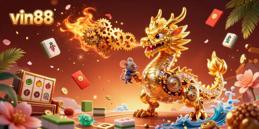 Experience thrilling wins at vin88 with our vibrant casino game scene featuring a golden dragon and lively elements.