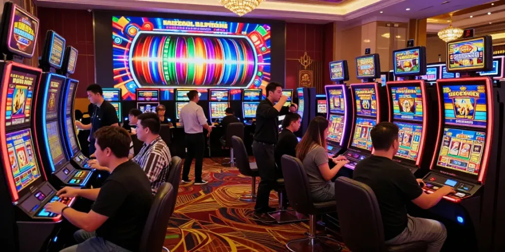 Players celebrating wins at slot88 daftar machines in a vibrant casino.