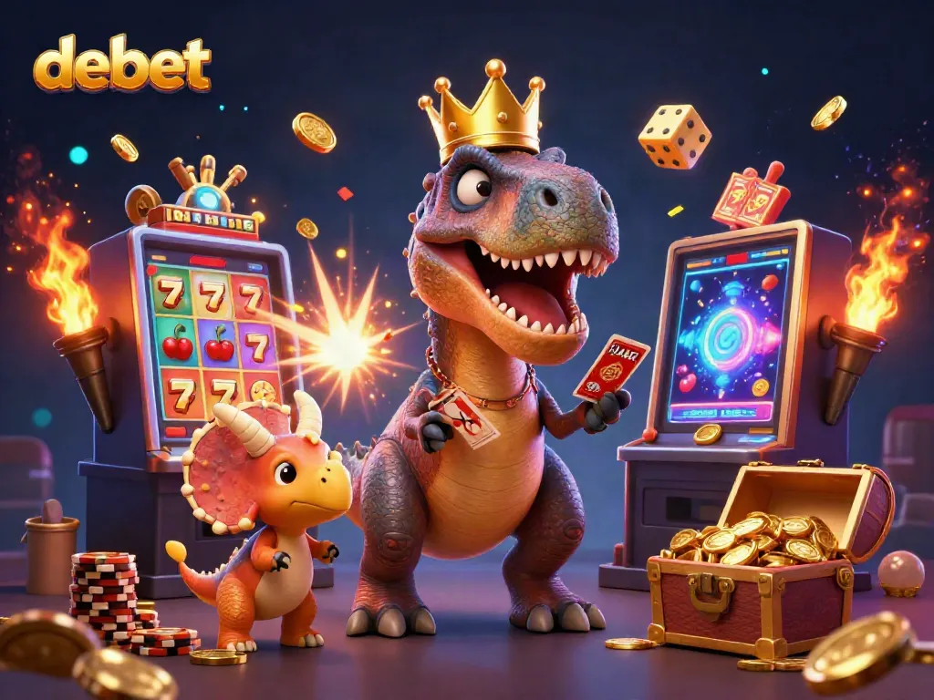 Spin to win with debet's vibrant 3D casino scene featuring playful characters and dynamic game elements.