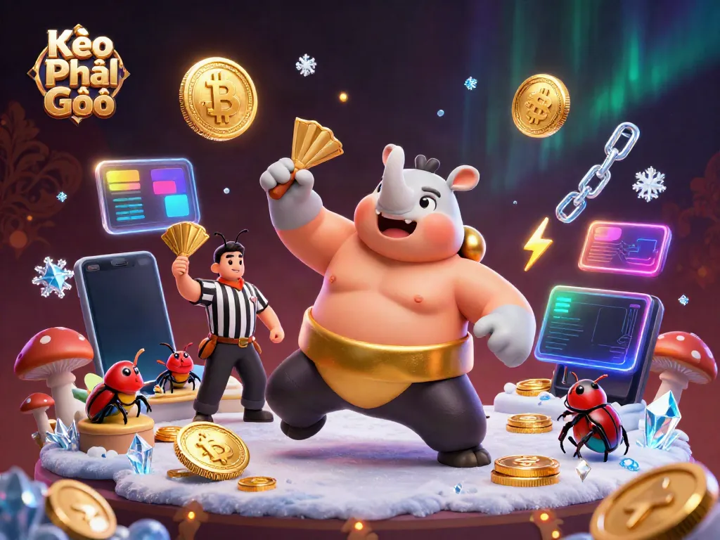 Experience Kèo Phạt Góc excitement with a sumo beetle champion amidst gold coins and crypto elements.
