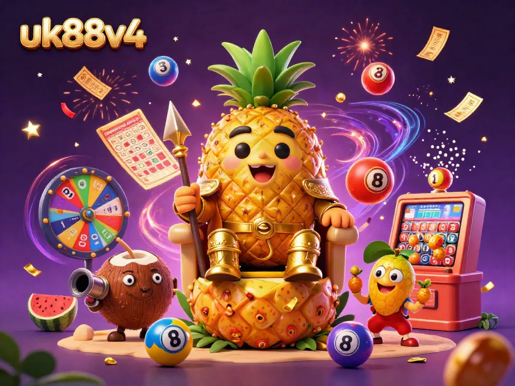 Experience the exciting world of uk88v4 with a vibrant illustration of a golden pineapple king among dynamic casino elements.
