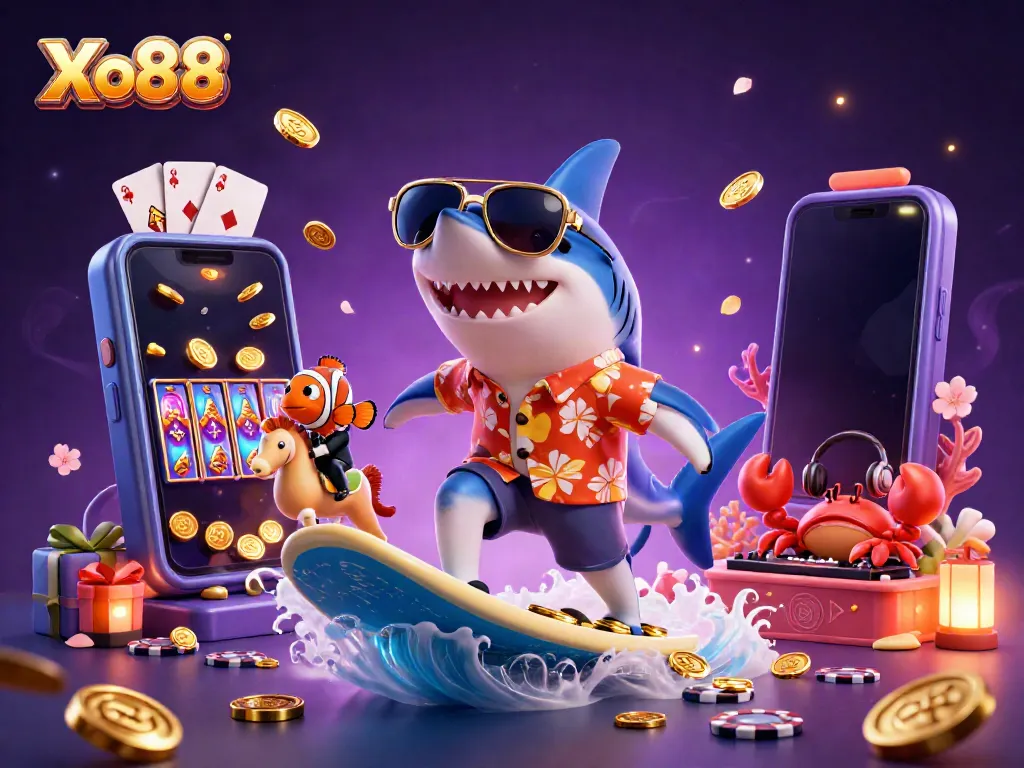Xo88 features a hammerhead shark surfing on gold coins, depicting an exciting casino experience.