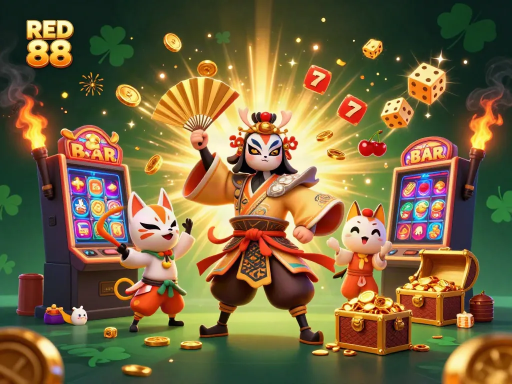 Win big at RED 88 with a vibrant 3D casino scene featuring thrilling slot machines and dynamic game elements.
