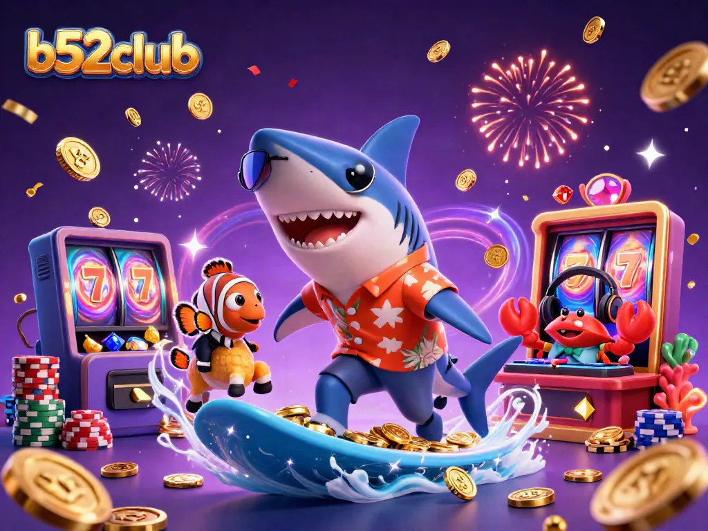 Experience the excitement at b52club as a shark surfs on gold coins with vibrant casino elements.