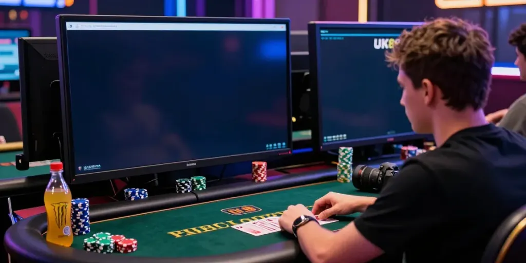 Engaged player using the UK88 gaming platform at a modern gaming desk.