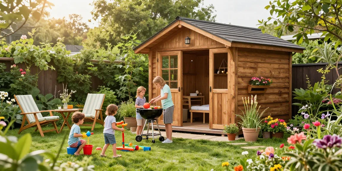 Ein Gartenhaus inmitten von bunten Blumen und spielenden Kindern, perfekte Wohlfühloase.