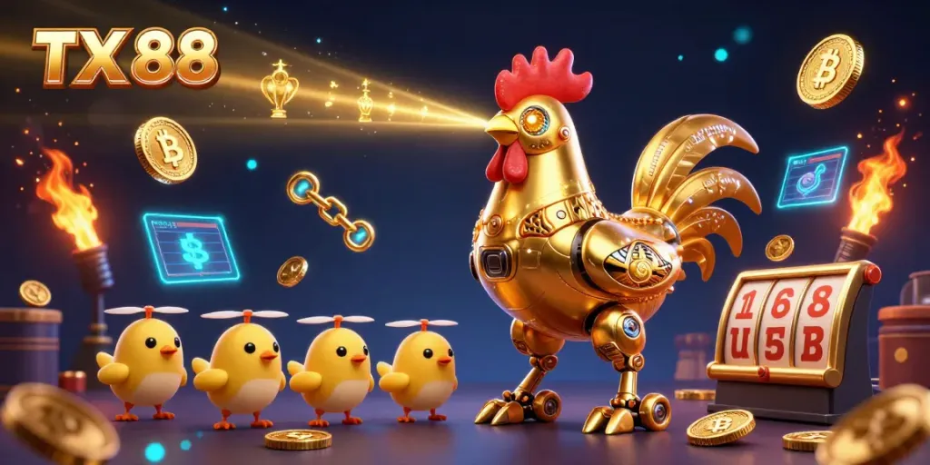 Experience thrilling gambling adventures with TX 88 as cartoon characters engage with captivating casino elements.