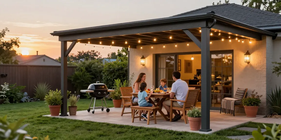 Freistehende Terrassenüberdachung in einem Garten mit Familie beim Essen.