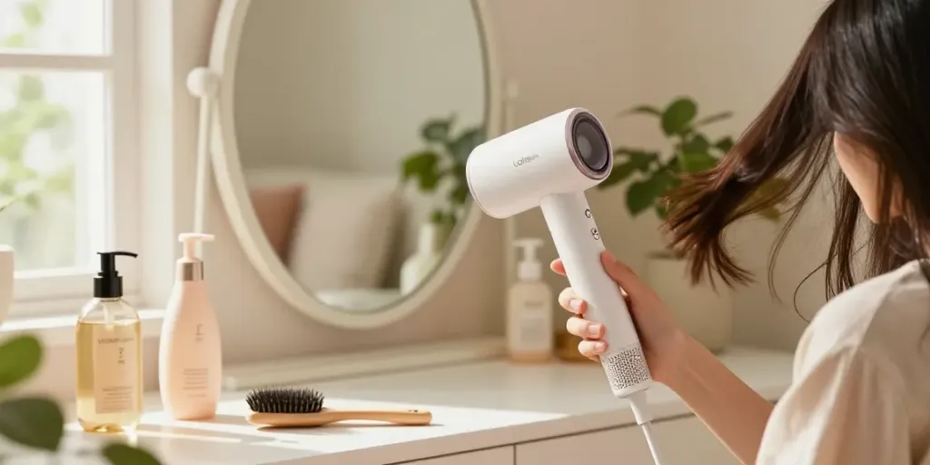Test Haartrockner: Eine Frau nutzt den Laifen Neo-Haartrockner in einem stilvollen Vanity-Setting.