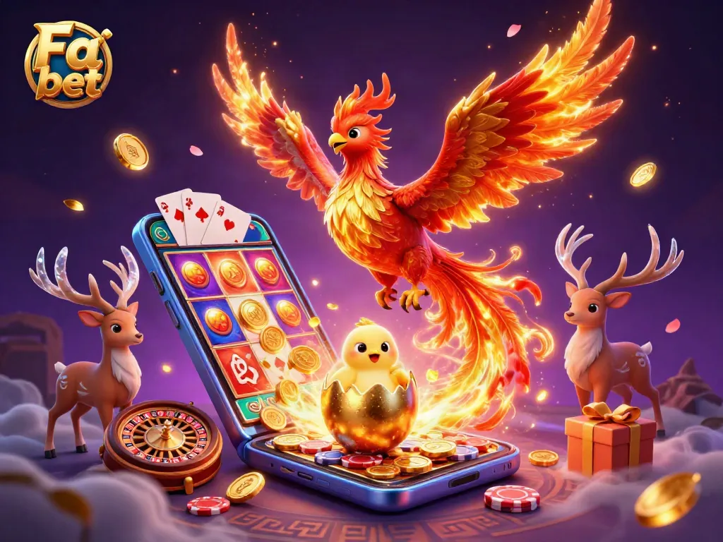 Engage in thrilling gameplay with Fa bet as vibrant phoenixes soar amidst a dynamic casino scene.