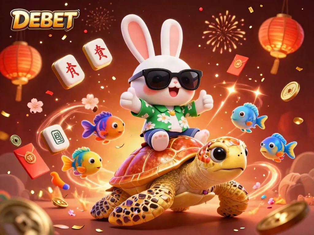 Experience thrilling gaming with DEBET's lucky rabbit and golden sea turtle in this vibrant casino scene.