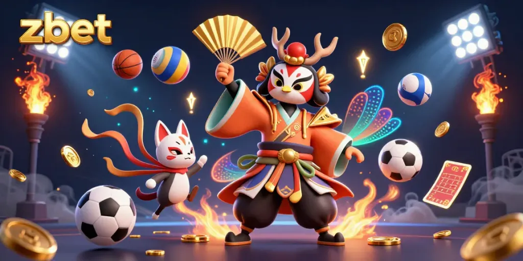 Experience zbet's gaming excitement with a vibrant superhero-themed casino scene featuring sports balls, glowing elements, and dynamic characters.