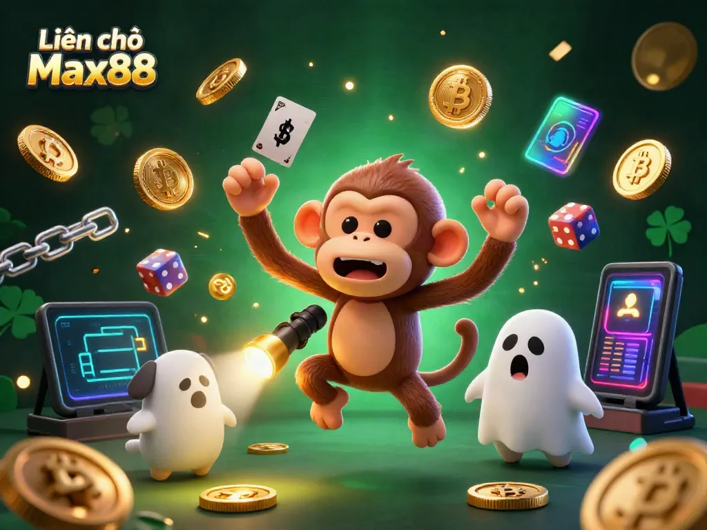 Engage with Liên hệ Max88 through a dynamic casino scene featuring a playful poltergeist monkey and a curious puppy.