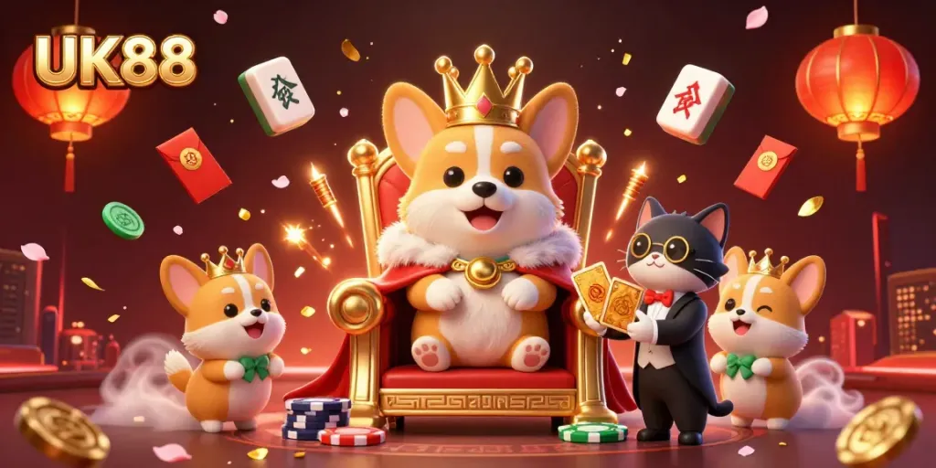 Engage with UK88's vibrant casino experience featuring a royal corgi and a cat butler in an exciting gaming environment.