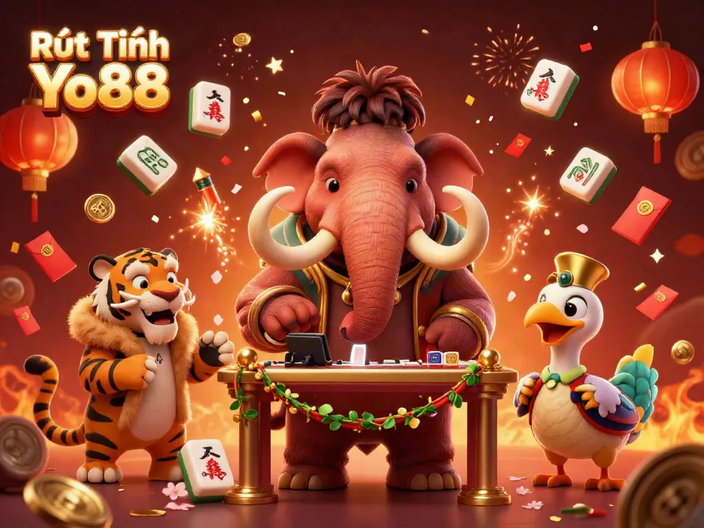 Engage with Rút Tiền Yo88 through a vibrant casino scene featuring dynamic 3D characters and festive elements.