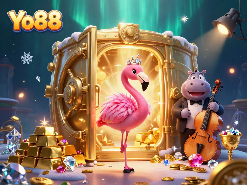 Immerse in the thrilling Yo88 casino experience with vibrant flamingo performers and treasures!
