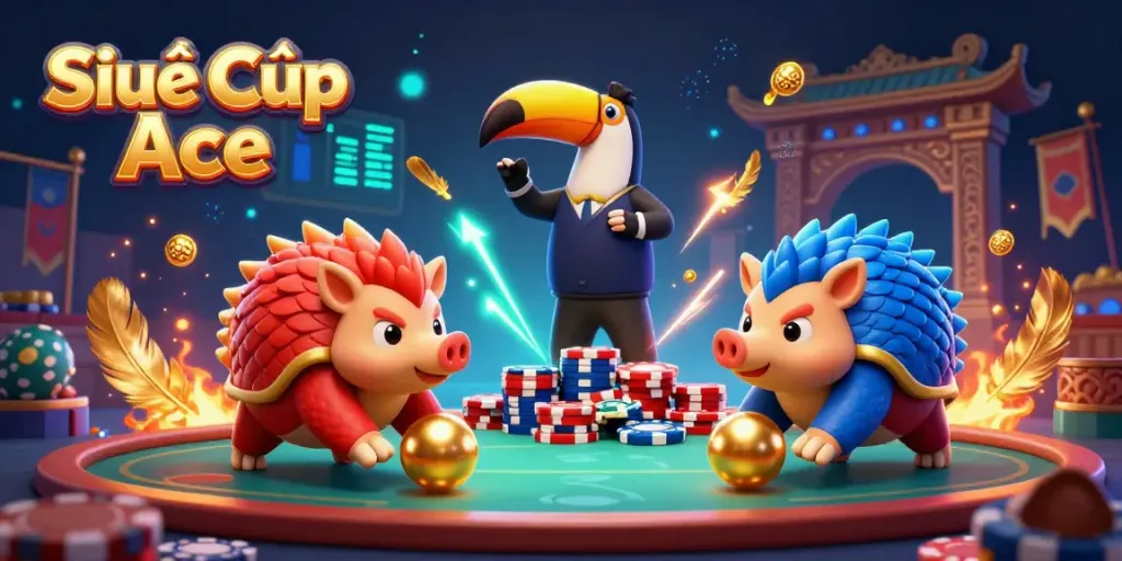 Experience thrilling gameplay with Siêu Cấp Ace in an action-packed 3D casino scene featuring vibrant characters and dynamic elements.