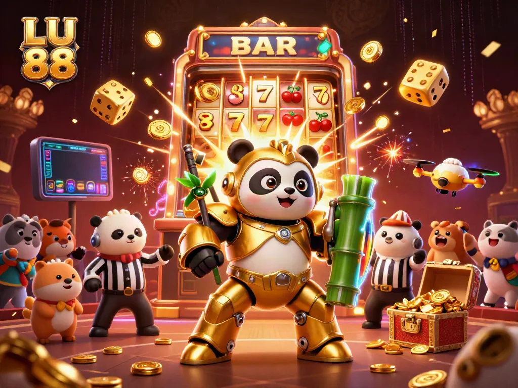 LU 88 engages players with a thrilling 3D casino scene featuring a golden panda mech in a vibrant, energetic arena.