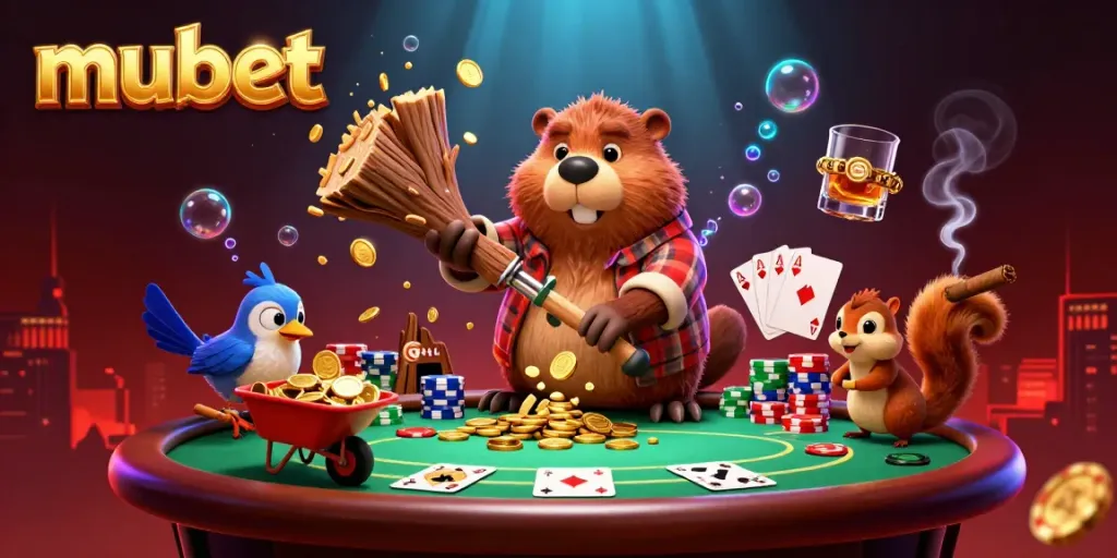 Mubet's vibrant online casino scene features animated characters enjoying poker elements in a dazzling golden coin rain.