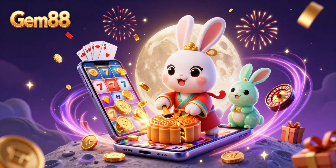 Gem88 showcases a captivating scene with a moon rabbit revealing poker chips, highlighting vibrant casino elements.