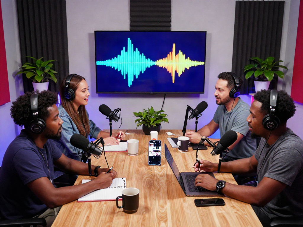 Dynamic podcast hosts discussing creativity in the studio while showcasing the rokok88 slot login topic.