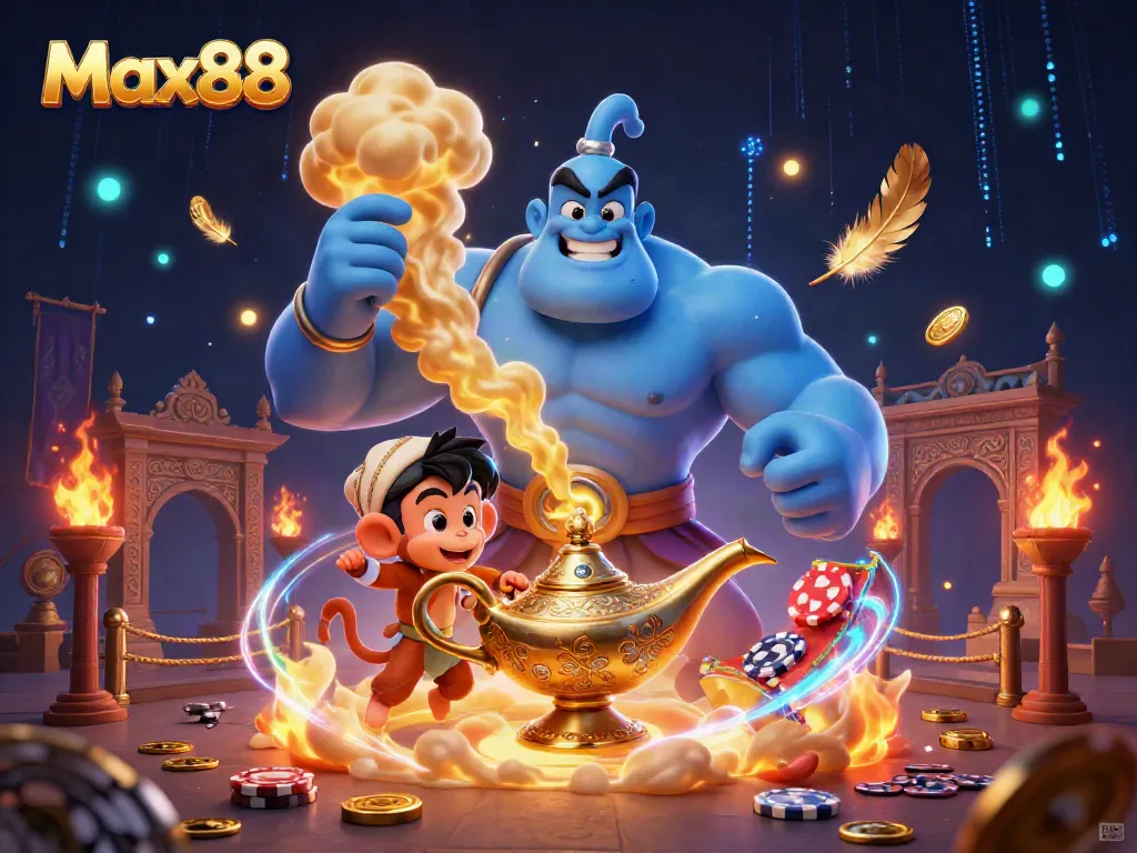 Experience the magic of Max88 with a vibrant genie and gaming elements in this dynamic illustration.