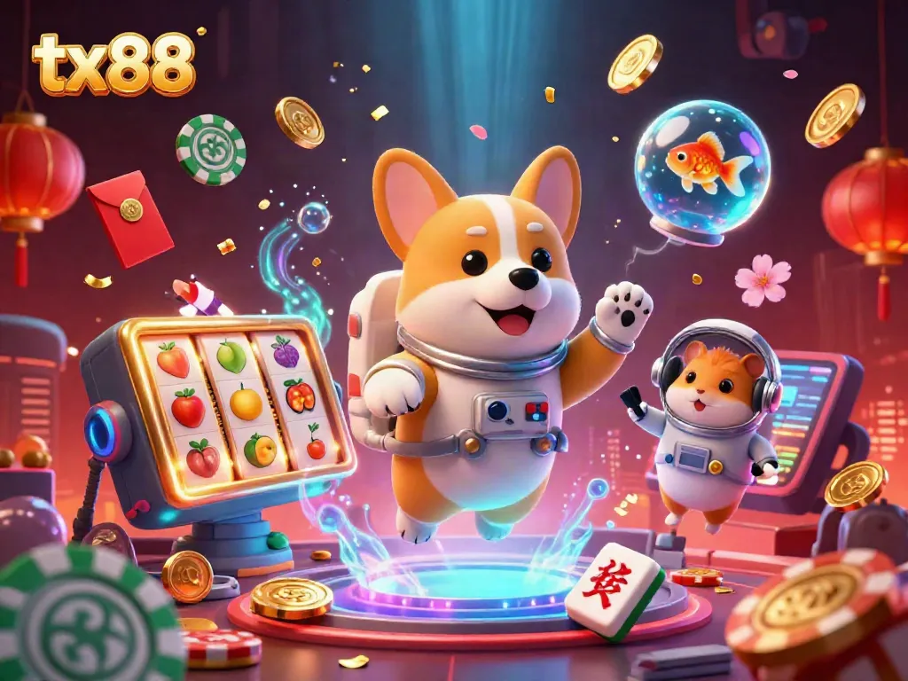 Experience fun and excitement at tx88's vibrant casino with floating characters in a playful scene.