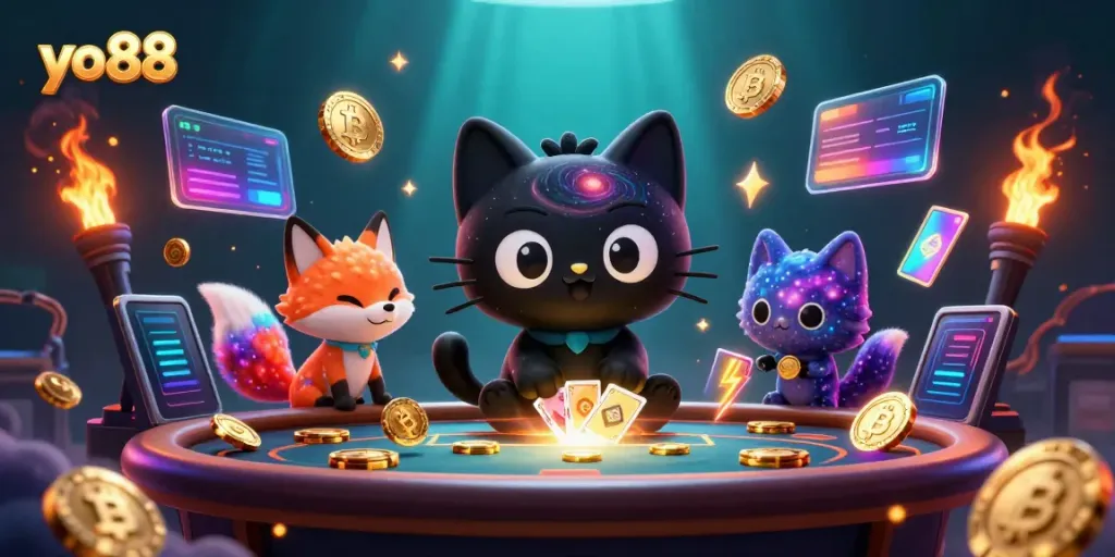Win big with yo 88 in a vibrant cosmic casino scene featuring a black hole cat and a nebula fox.
