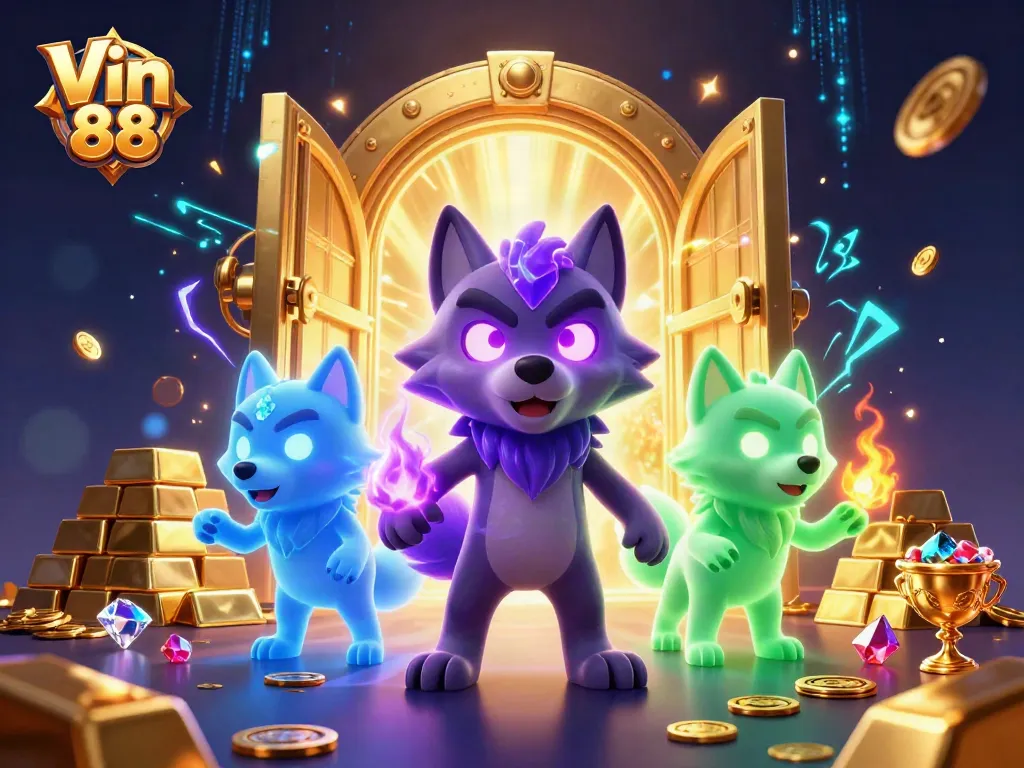Experience Vin 88's captivating gaming with vibrant wolf characters and treasure elements.