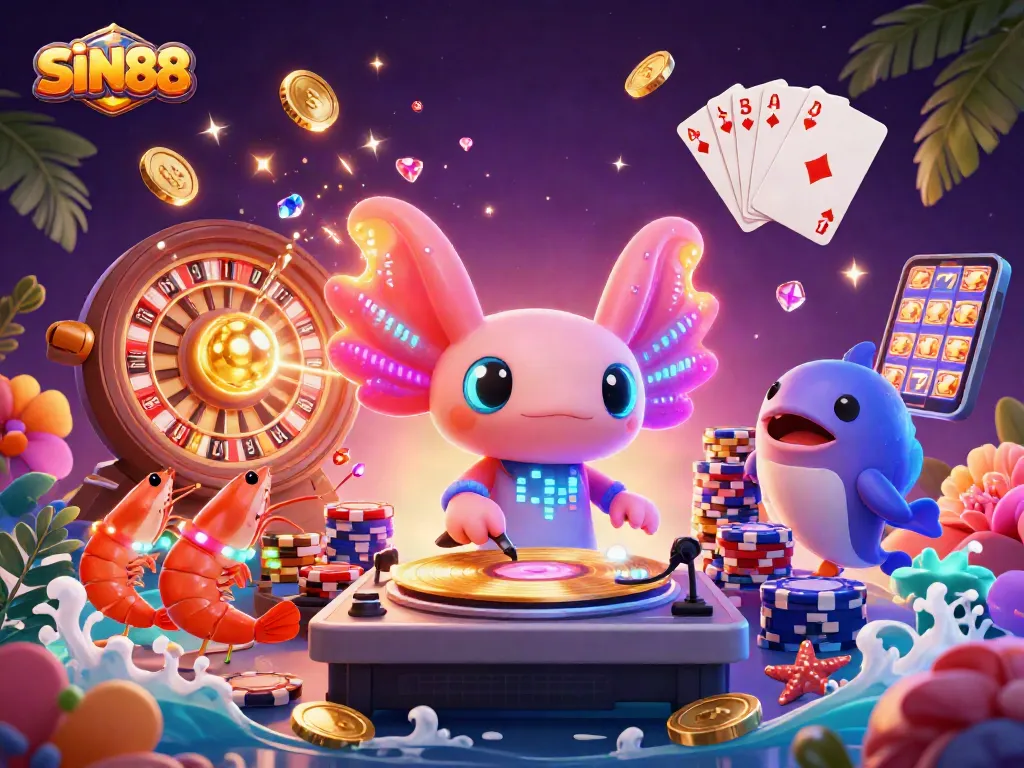 SIN88 showcases a vibrant underwater casino scene with energetic characters celebrating winning moments.