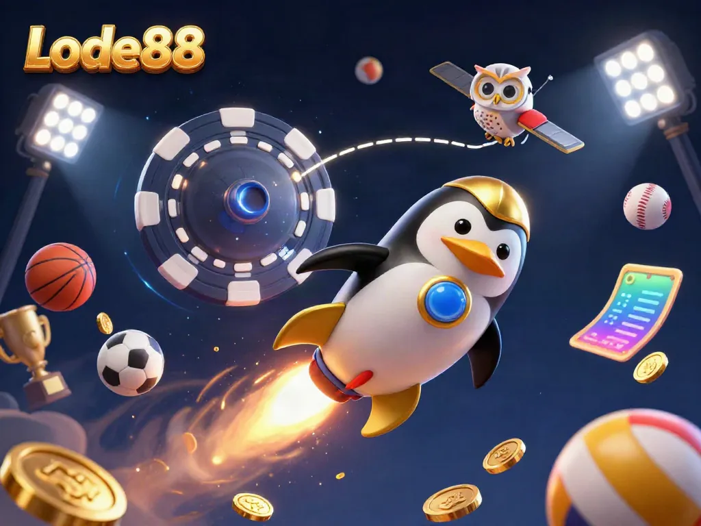 Experience thrilling adventures with Lode88, featuring vibrant gambling elements and a dynamic golden penguin.