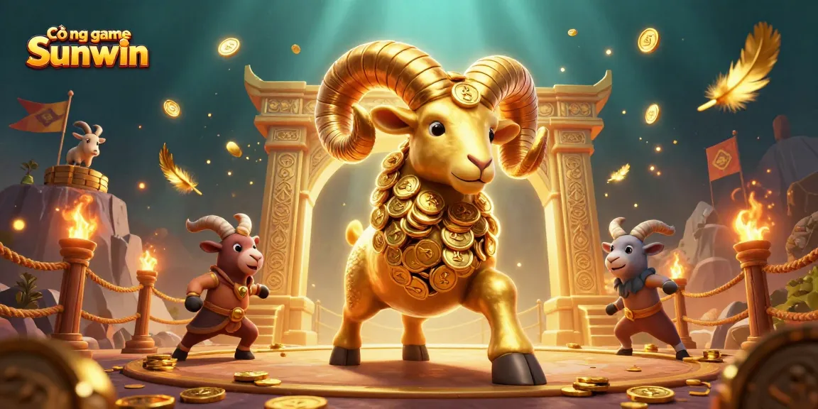 Cổng game Sunwin captivates players with a vibrant 3D illustration of a golden ram charging at a majestic gate, amidst dynamic casino elements.