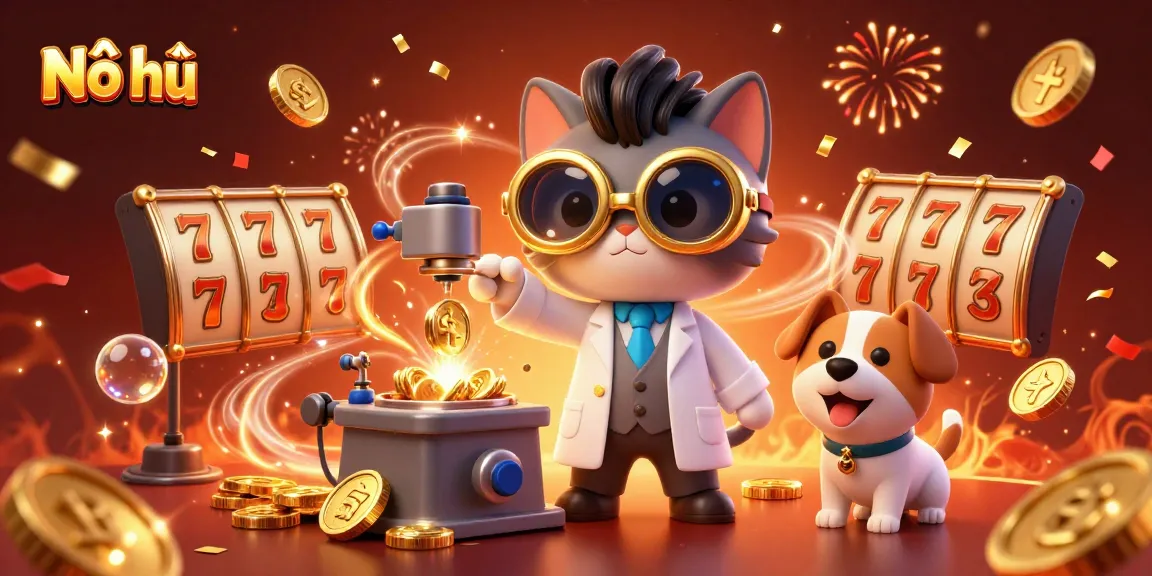 Nổ hũ casino game scene with a mad scientist cat and assistant dog creating gold coins and surrounded by vibrant slot elements.