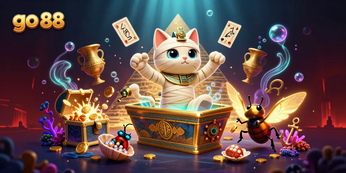 Experience the excitement of go 88 with a 3D cartoon Egyptian mummy cat amidst a vibrant casino scene bursting with treasures.